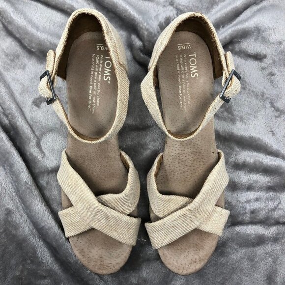 TOMS Natural Sierra Canvas Burlap Crisscross Open Toe Cork Wedge Sandals Sz 9.5 - Picture 3 of 11